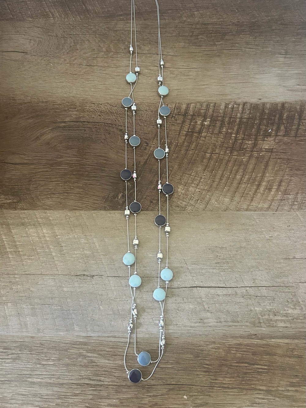 Layered Silver Necklace with Pale Blue and Gray Discs